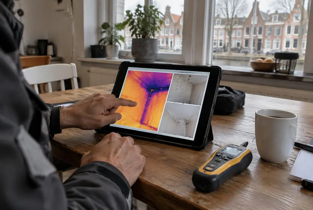 Lekdetectie Wezep – lekdetectierapport met warmtebeelden en foto's op een tablet