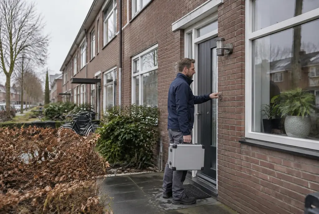 Lekdetectiespecialist met meetkoffer bij de voordeur van een woning in Wezep